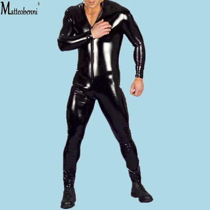 Oversized S-4XL Sexy Lingerie Men Catsuit Faux Leather Front Zipper Crotch Bodysuit Gay Fetish Costumes Erotic Lingerie Jumpsuit