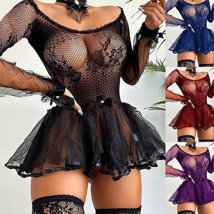 Women's Summer Fashion Sexy Lace Hollow Out Long Sleeve Nightdress See-Through Black Color Mesh Erotic A-line Mini Skirt
