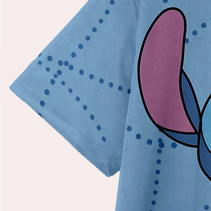 Disney Stitch Big Portrait T-Shirt, Men Light Blue Polka Dot Casual Short Sleeve Daily Wear Tee