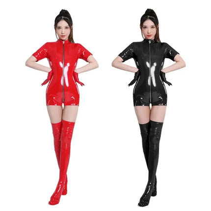 PU Faux Leather Bodysuit Catsuit With Gloves and Stocking PVC Latex Bodysuit Sexy Zip Erotic Women Lingerie Jumpsuit Clubwear