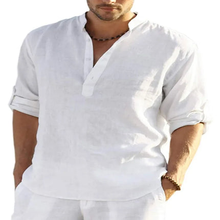 Men's Long Sleeve Cotton Linen Shirt Casual Shirt Oversize Plus Size S-5XL Henley Collar Beach Style Hawaiian Vacation