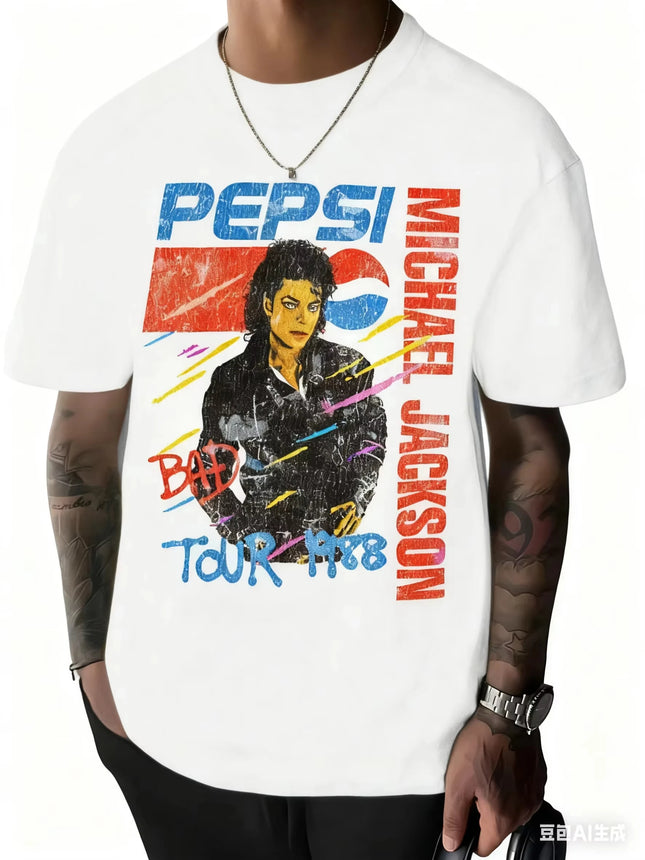 2026 Summer White Michael Jackson T-shirt Bad Pop Music Tour Loose Large Retro Cotton Round Neck Short Sleeve Ins
