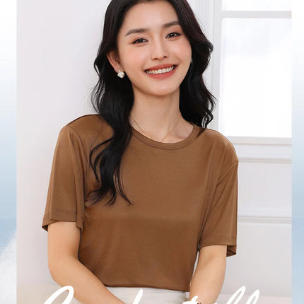 Summer Women's Short Sleeve O-Neck T-Shirt Knitted Acetate Fabric High-End Thin Pullover Top for Ladies