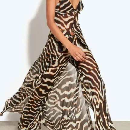 Sexy V-neck Camisole Top and Long Pants  Beach Outfit Chiffon Loose Casual Suits Stripe Printed Vacation Women's Two Piece Set