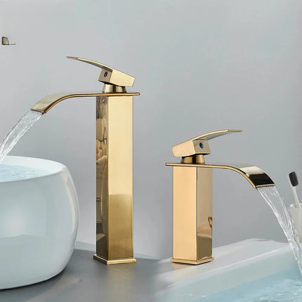 Brushed Golden Basin Faucets Elegant Waterfall Bathroom Sink Faucet Single Lever Hole Deck Mount Brass  Mixer Tapsfaucets and si