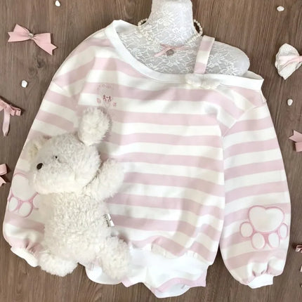 HOUZHOU Kawaii Pink Striped Sweatshirts Women Cutecore Off Shoulder Long Sleeve Pullovers Sweet Japanese Style Loose Casual