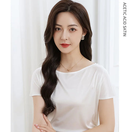 Summer women's short sleeved acetate fabric high-end knitted women's T-shirt thin European style hot selling women's T-shirt