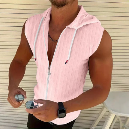 5 colors available for men's hooded sleeveless zipper plaid men's sportswear Slim fit breathable men's casual breathable shirt