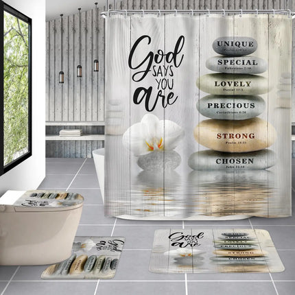 Pink Shower Curtain Bible Verse Scripture Christian Zen Stone Spa Meditation Relaxing Lotus Peach Blush Cloth Fabric Waterproof