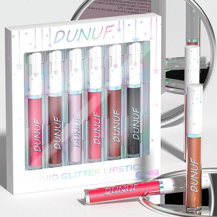 DUNUF 6 pcs set pearlescent metallic color long lasting lip gloss waterproof sweatproof non-stick lipstick