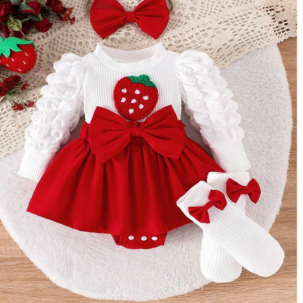 0-18M Baby Strawberry Bodysuit Dresses For Girls Long Sleeve Red Romper Newborns Onesies With Baby Socks Headband Clothing