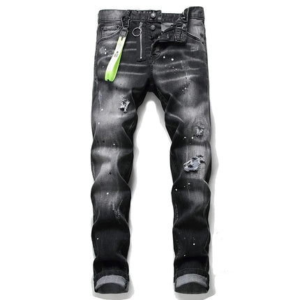 European American Style Fashion Brand Jeans Men Slim Jeans Pants Mens Black Denim Trousers Zipper Blue Hole Pencil Pants Jeans