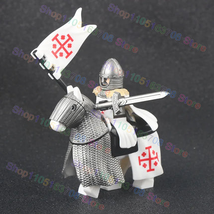 MOC Medieval Military Crusader Knight Building Blocks Castle Army Soldier Figure Horse Mount Shield Sword Accessories Bricks Toy