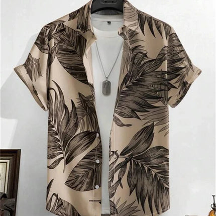 Hawaiian 3D Plant Shirt Flower Geometric Printed Blouse Street Outdoor Single-Breasted Beach Short Sleeve Tops Men's Clothing