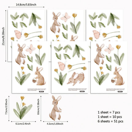 Summertime Watercolor  Cute Bunnies and Flowers Nursery Wall Decal, Peel and Stick  Reusable and Removable Kids Wall Stickers