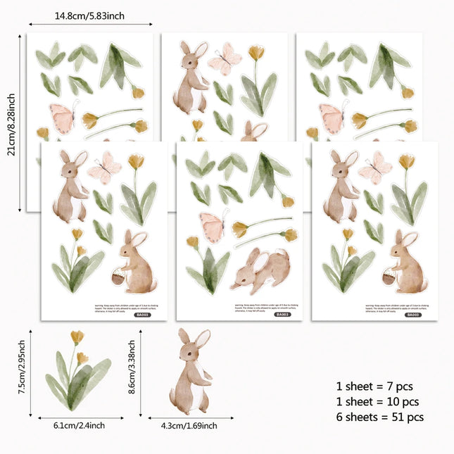 Summertime Watercolor Cute Bunnies and Flowers Nursery Wall Decal, Peel and Stick Reusable and Removable Kids Wall Stickers