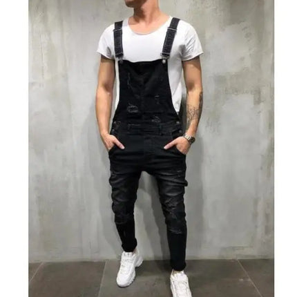 Men Jeans Overalls High Street Ripped Denim Jumpsuits Hip Hop One Piece Cargo Pants Cowboy Male Pockets Hole Suspenders 2024