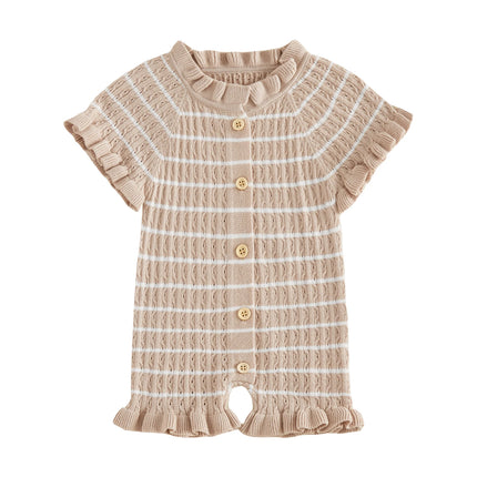 FOCUSNORM 0-24M Lovely Baby Girls Boys Summer Knit Romper Ruffle Trim Short Sleeve Button-up Jumpsuit Newborn Bodysuit