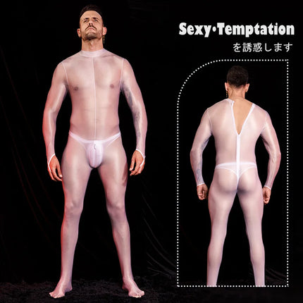 Sexy Men's Bodysuit Oil Shiny Glossy Tights Long Sleeves High Elastic Jumpsuits Exotic Leotard Thin Sheer Catsuit Body Stockings