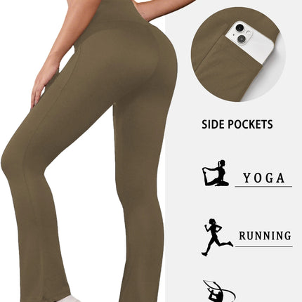 Women Super Soft Flare Pants with Pockets High Waisted Tummy Control No See Through Workout Yoga running Home Casual