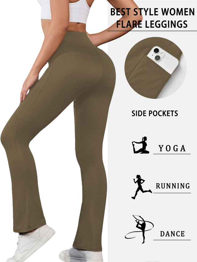 Women Super Soft Flare Pants with Pockets High Waisted Tummy Control No See Through Workout Yoga running Home Casual