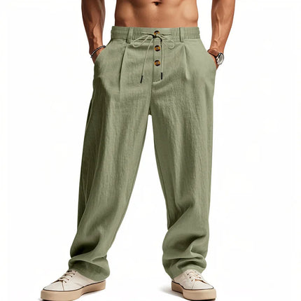 Men's Boho Linen Blend Wide Leg Pants High Waist Drawstring Button Fly Loose Fit Trousers with Side Pockets