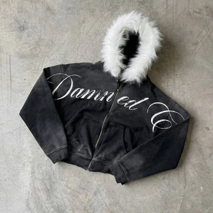 Y2K Retro Gothic Fur Collar Zipper Hoodie Women Trendy Brand Clothing Suit Harajuku Fashion Loose Oversized Sweatpants Men