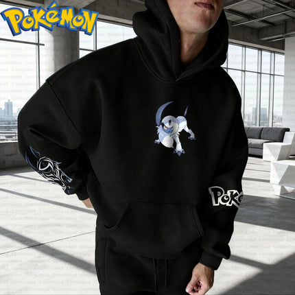 Black Pokemon Hoodie and Pants Set Cotton Anime Absol Character Print Purple Aura Back and Pokeball Chest Design Casual Outfit