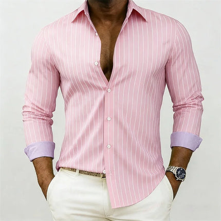 New men's striped shirt, outdoor street style, business casual, lapel collar, long sleeves, versatile and fashionable men's top.