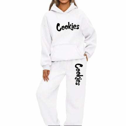 Women Hoodies Two Piece Sets Cookies Printing Hooded Sweatshirt Sweatpants Casual Suit Female Outwear and Trousers