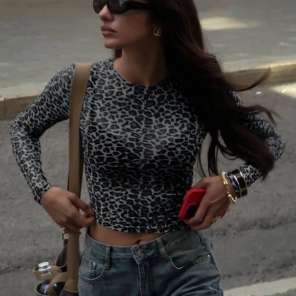 Dulzura Sexy Long Sleeves Tops Mesh T Shirt Leopard Printed Bodycon Women Clothes Lady Party Club Streetwear Casual Nightout Y2K
