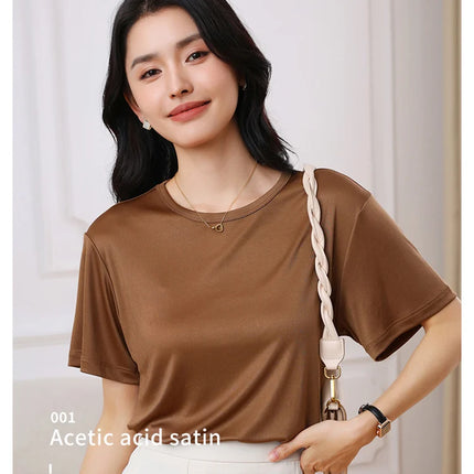 Summer Women's Short Sleeve O-Neck T-Shirt Knitted Acetate Fabric High-End Thin Pullover Top for Ladies
