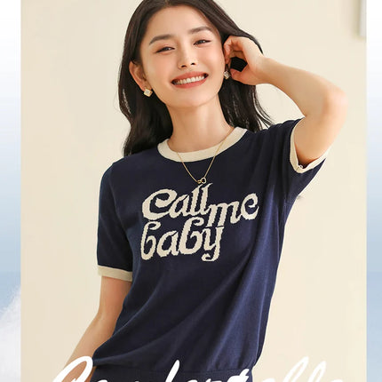New women's short-sleeved 100% cotton knitted O-neck women's T-shirt Korean version fashionable hot selling top