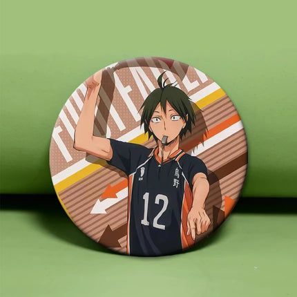 Round Snap-in Brooches Anime Haikyuu Lapel Pins Hinata Shoyo Tobio Kageyama Yu Nishinoya Cartoon Badge Backpack Accessories Gift