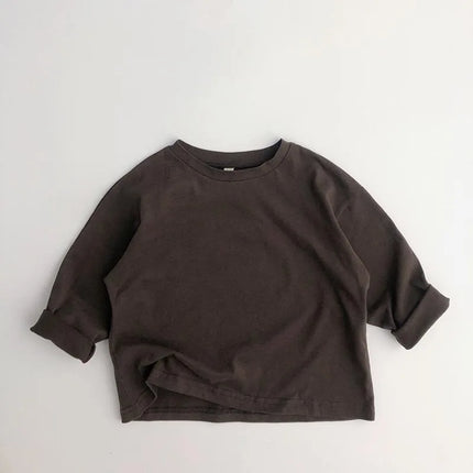 1-7Y Kids Cotton Shirt Solid Caramel Coffee Color Children's 2025 Autumn New Boys Girls Cotton Stylish Long Sleeved T-shirt
