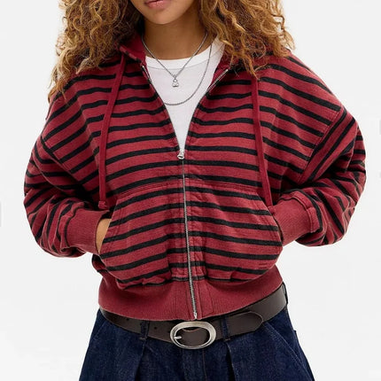 2000s Retro Y2K Grunge Cyber Striped Zip Up Hoodies Harajuku Jackets Coat Outfits Gothic Emo Mall Goth Sweatshirts 2025 Fall