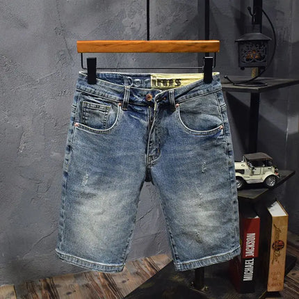 Blue Old Retro Summer Men's Denim Medium Pants Embroidered Scratches Washed Versatile Elastic Shorts Cargo Half Pants Jeans
