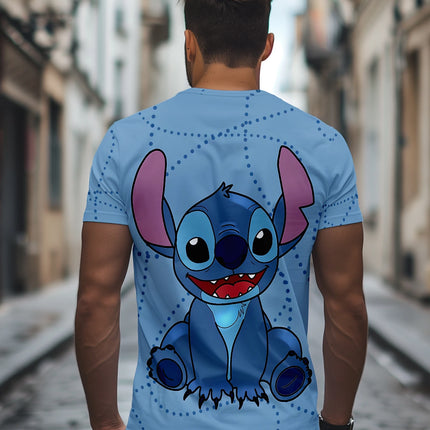Disney Stitch Big Portrait T-Shirt, Men Light Blue Polka Dot Casual Short Sleeve Daily Wear Tee