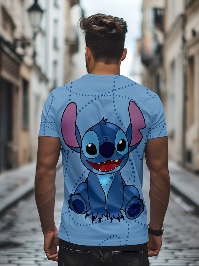 Disney Stitch Big Portrait T-Shirt, Men's Light Blue Polka Dot Casual Short Sleeve Daily Wear Tee