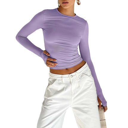 Basic Crewneck Casual Crop Tops for Women Y2K Solid Skinny Long Sleeve Slim Fit Stretchy Cropped Tees T-Shirts with Thumb Holes