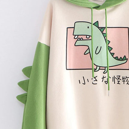 Women Dinosaur Fashion Long Sleeves Contrast Streetwear Cartoon Printed Hoodies Loose Harajuku Casual Comfortable Autumn Winter