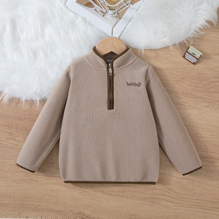 Kids' Navy/Khaki/Purple Half-Zip Fleece Sweatshirt - Boys & Girls Autumn Winter Stand-Collar Warm Top, Embroidered Contrast Trim
