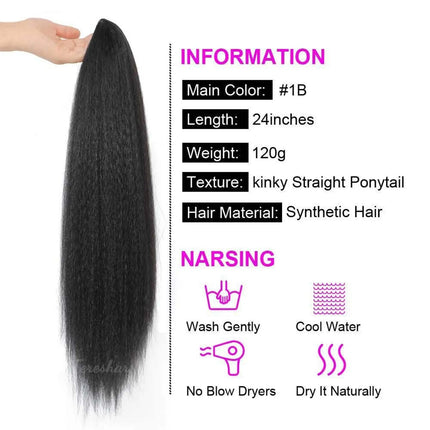 Synthetic Yaki Drawstring Ponytail Extension with Bangs Long Yaki Straight Clip in Ponytails Extension Hairpiece for Daily Use