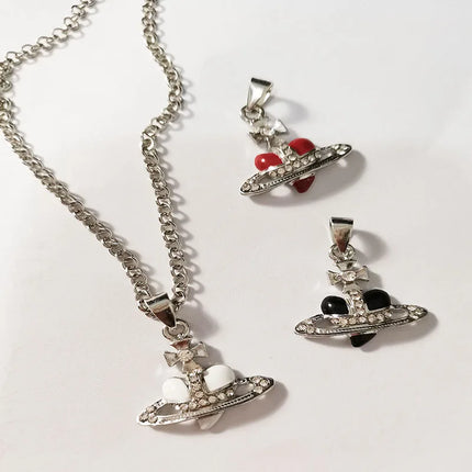 Fashion Love Saturn Necklace For Women Retro Stud Earrings Jewelry Metal Planet Sweater Chain Pendant Necklace Gifts Accessories