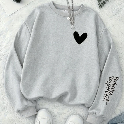 Women Perfectly Imperfect Letter Print Sweatshirt Cute Heart Crew Neck Pullover Casual Soft Fleece Long Sleeve Girls Streetwear