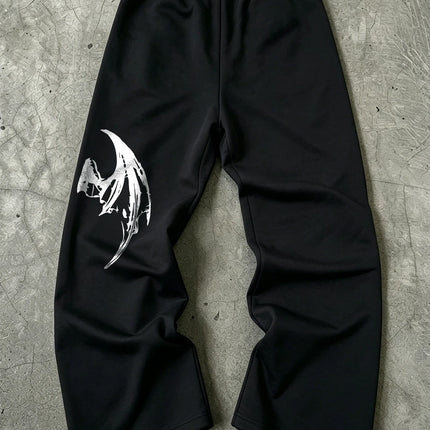 Mens Dark Gothic Spider Bat Wing Print Baggy Wide Leg Sweat Pants Loose Straight Drawstring Hip Hop Street Joggers