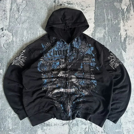 Y2K Harajuku Affliction Hoodie Retro Wing Pattern Printing Oversize Zipper Coat Men Women Hip Hop Personality Casual Sweatshirt