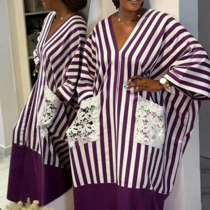 Women's clothing 2026 autumn new style sweet and fresh striped V-neck batsleeves loose large-size dress long dress