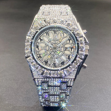 MISSFOX Hip Hop Wristwatch For Men Luxury lce Out Full Diamond Watches Fashion Green Watch Wterproof Week Display Clock 2025