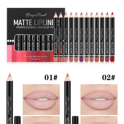 Long Lasting Matte Lip Liner 12 Colors Set Waterproof High Pigment Nude Wooden Pencil Lip Makeup Kit for Daily Use